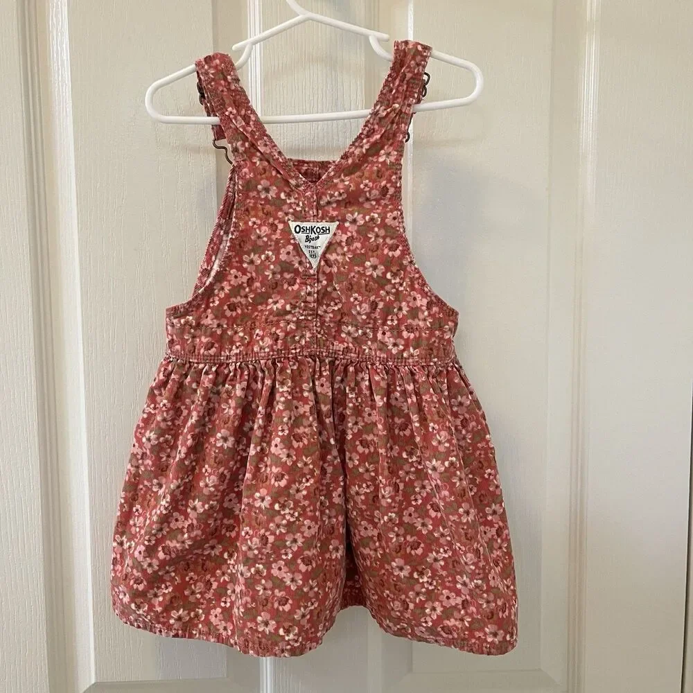 Oshkosh B'gosh Pink Floral Corduroy Overall Dress Jumper Girls Size 3T